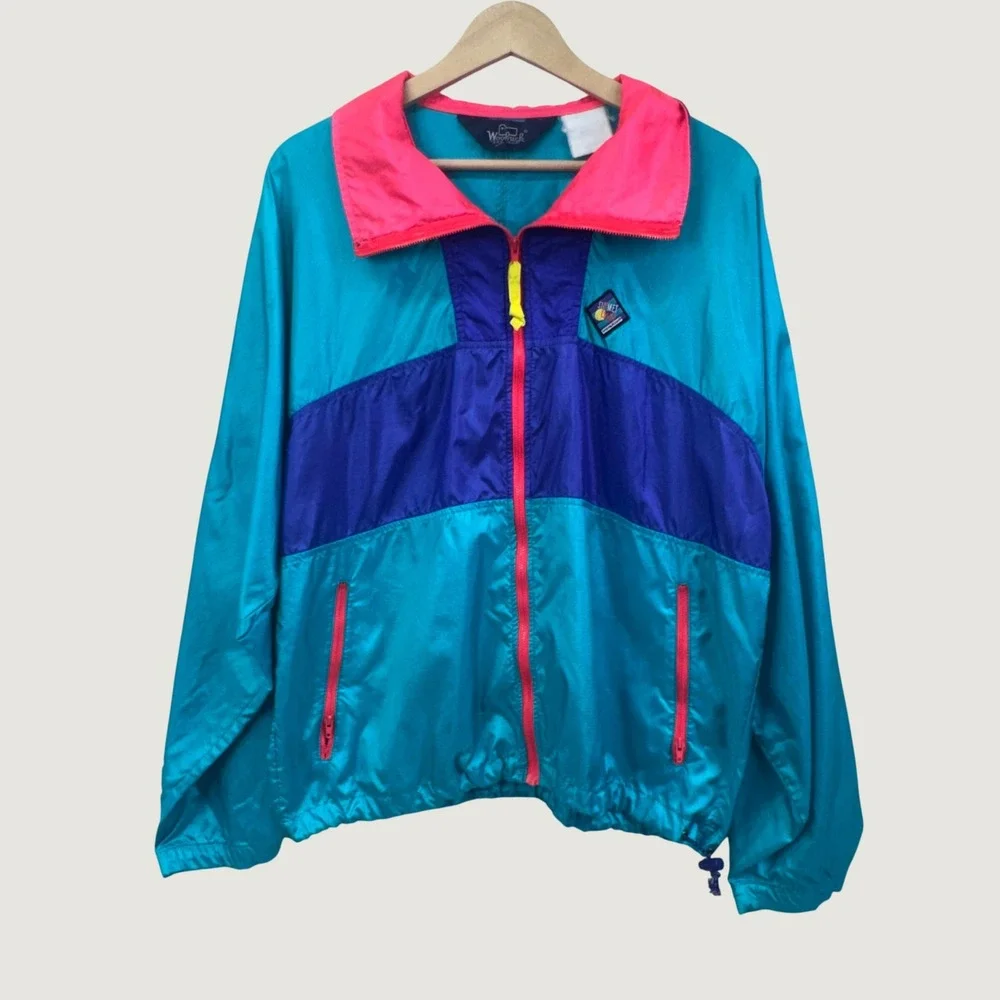 Woolrich Vintage Windbreaker Jacket Mens XL Teal Pink Colorblock 90s Retro Neon